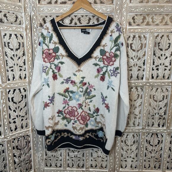 beldoch popper Sweaters - Beldoch Popper V-Neck Sweater Large Cream Whimsical Floral Cottage Granny Core